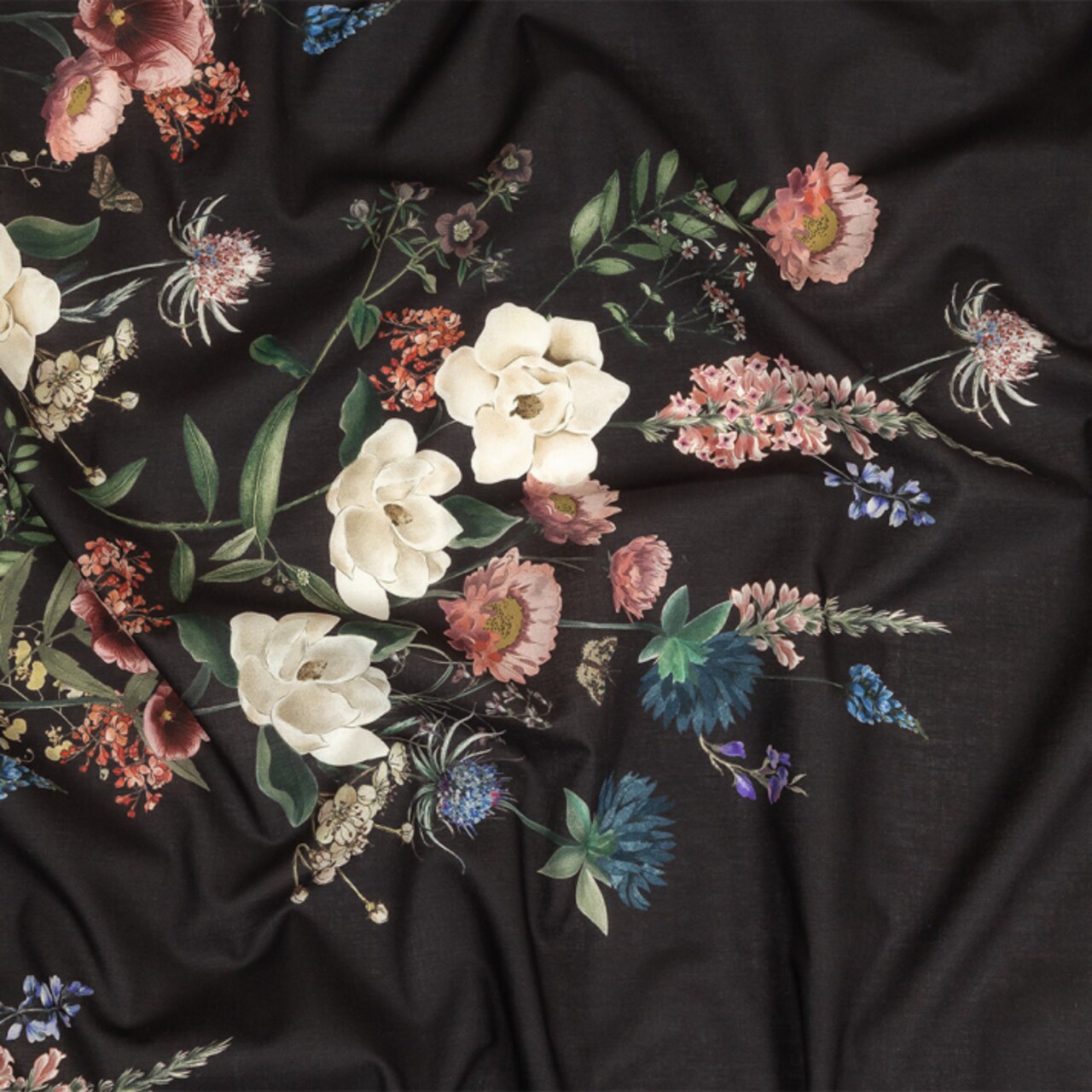 1 Yard Cotton Voile Fabric Black Bean Floral Baroque Bouquet Print Fabric